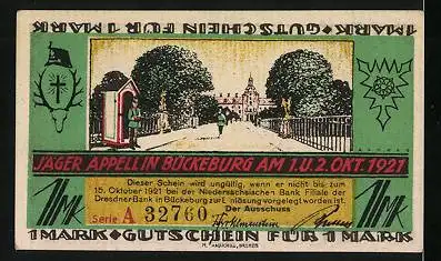Notgeld Bückeburg 1921, 1 Mark, Rathaus und Jäger Appell