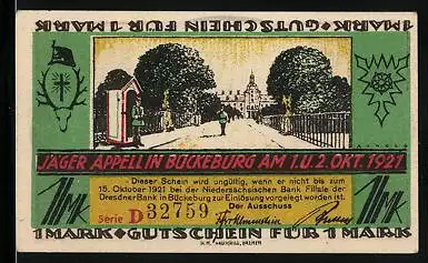Notgeld Bückeburg 1921, 1 Mark, Jäger Appell, Luther-Kirche