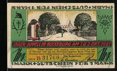 Notgeld Bückeburg 1921, 1 Mark, Jäger Appell, Ortsansicht