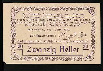 Notgeld Altenberg 1920, 20 Heller, Ruine Zöch