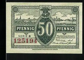 Notgeld Schwerin 1922, 50 Pfennig, Ortsansicht und Wappen