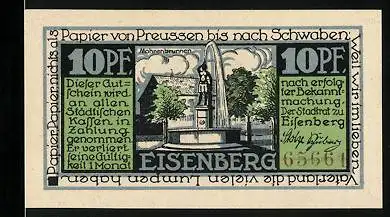 Notgeld Eisenberg i. Th., 10 Pfennig, Mohrenbrunnen und Wappen