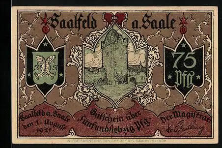 Notgeld Saalfeld a. Saale 1921, 75 Pfennig, Turm und Wappen, Postkutsche