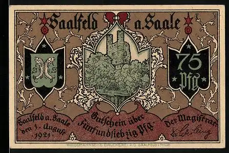 Notgeld Saalfeld a. Saale 1921, 75 Pfennig, Hoher Schwarm und Wappen, Sturm auf das Benediktiner Kloster