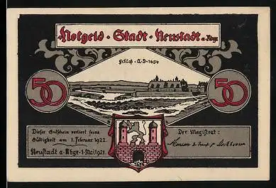 Notgeld Neustadt a. Rbge. 1921, 50 Pfennig, Schloss und Wappen, Hannoversche Strasse