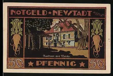 Notgeld Neustadt a. Rbge. 1921, 50 Pfennig, Schloss und Wappen, Rathaus