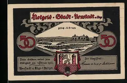 Notgeld Neustadt a. Rbge. 1921, 50 Pfennig, Schloss und Wappen, Grosse Leinebrücke in Neustadt a. Rbge.