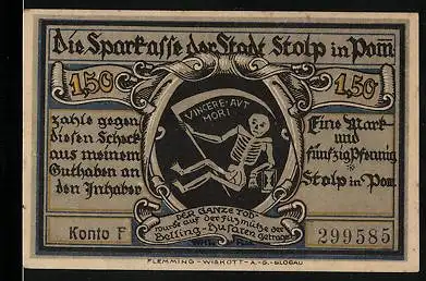 Notgeld Stolp in Pommern, 1,50 Mark, Blücherhusaren-Offizier in Parade 1843, Der Tod