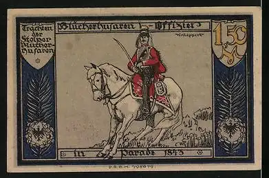 Notgeld Stolp in Pommern, 1,50 Mark, Blücherhusaren-Offizier in Parade 1843, Der Tod