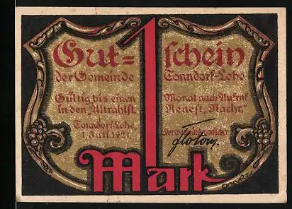 Notgeld Tonndorf-Lohe 1921, 1 Mark, Justitia mit Fleischkarte auf Waage