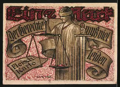 Notgeld Tonndorf-Lohe 1921, 1 Mark, Justitia mit Fleischkarte auf Waage