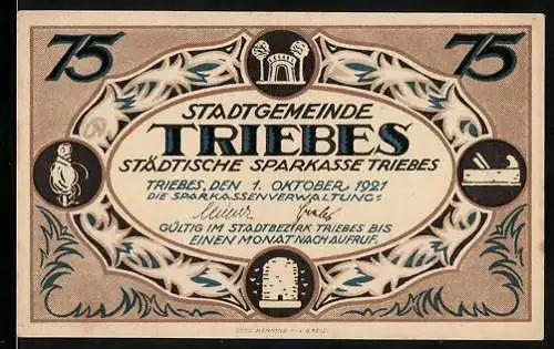 Notgeld Triebes 1921, 75 Pfennig, Industrie- u. Gewerbe-Ausstellung