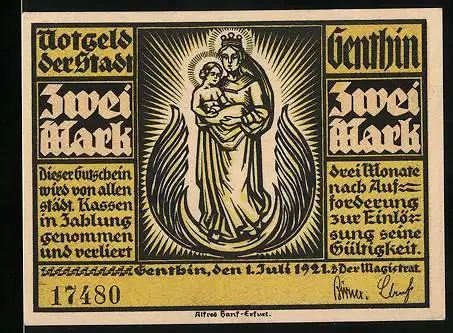 Notgeld Genthin 1921, 2 Mark, Heiligenbildnis, Denkmal mit Kirche