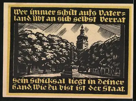 Notgeld Genthin 1921, 2 Mark, Heiligenbildnis, Denkmal mit Kirche