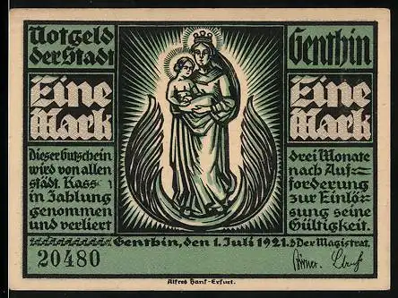 Notgeld Genthin 1921, 1 Mark, Heiligenbildnis, Fabrik