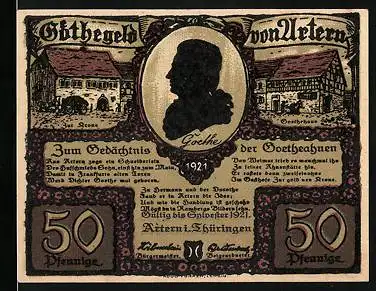 Notgeld Artern i. Thüringen 1921, 50 Pfennig, Goethehaus, junges Paar beim Picknick