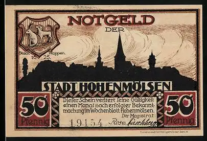 Notgeld Hohenmölsen, 50 Pfennig, Stadtansicht mit Wappen, Schlacht anno 1080 bei Hohenmölsen