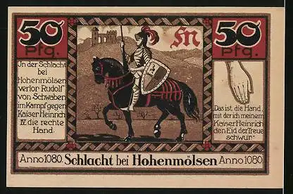 Notgeld Hohenmölsen, 50 Pfennig, Stadtansicht mit Wappen, Schlacht anno 1080 bei Hohenmölsen