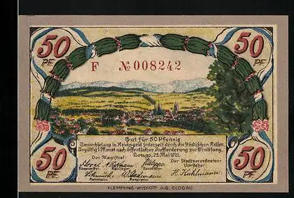 Notgeld Lemgo 1921, 50 Pfennig, Ortsansicht, Ausrufer und Wappen