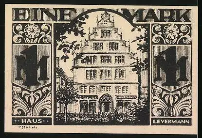 Notgeld Paderborn 1921, 1 Mark, Arbeiter in der Schmiede, Haus Levermann