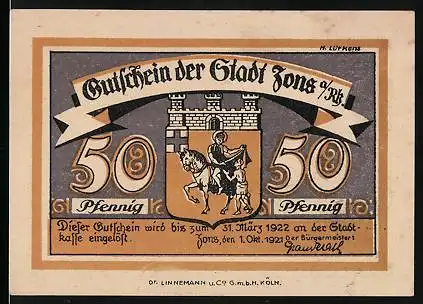 Notgeld Zons a. Rh. 1921, 50 Pfennig, Wappen und Stadtgraben
