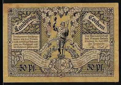 Notgeld Cochem 1921, 50 Pfennig, Landsknecht und Cochem /Mosel mit Burg u. Winneburg