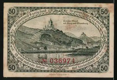 Notgeld Cochem 1921, 50 Pfennig, Landsknecht und Cochem /Mosel mit Burg u. Winneburg