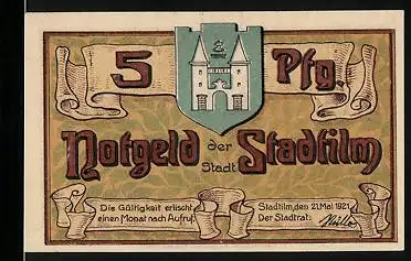 Notgeld Stadtilm 1921, 5 Pfennig, Wappen, Silhouette und Denkmal von A. Methfessel