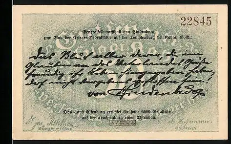 Notgeld Kahla i. Th., 50 Pfennig, Fliegeraufnahme der Leuchtenburg