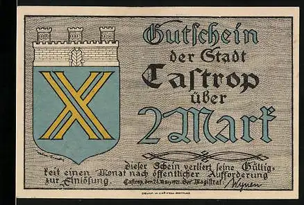 Notgeld Castrop 1921, 2 Mark, Wappen, Husaren zu Pferde