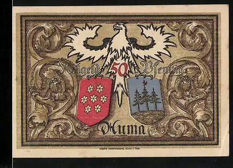 Notgeld Auma 1921, 50 Pfennig, Adler mit Wappen, Ortspartie mit Arbeiter und Sämann