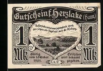 Notgeld Herzlake (Hann.) 1921, 1 Mark, alte Hügel mit Aseburg, der Tod