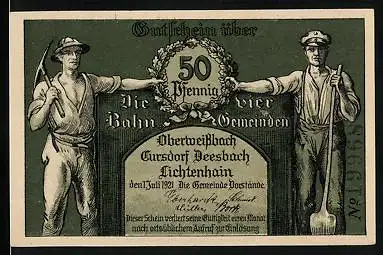 Notgeld Oberweissbach, Cursdorf, Deesbach, Lichtenhain 1921, 50 Pfennig, Zwei Arbeiter, Oberweissbacher Bergbahn