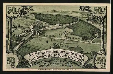 Notgeld Oberweissbach, Cursdorf, Deesbach, Lichtenhain 1921, 50 Pfennig, Zwei Arbeiter, Oberweissbacher Bergbahn