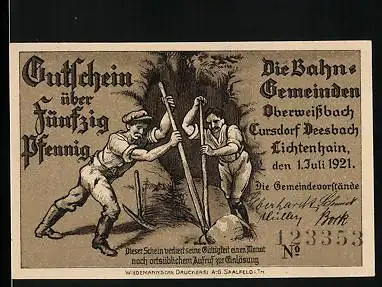 Notgeld Oberweissbach, Cursdorf, Deesbach, Lichtenhain 1921, 50 Pfennig, Zwei Arbeiter mit Werkz, Zwerge auf Bergeshöh