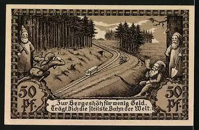 Notgeld Oberweissbach, Cursdorf, Deesbach, Lichtenhain 1921, 50 Pfennig, Zwei Arbeiter mit Werkz, Zwerge auf Bergeshöh