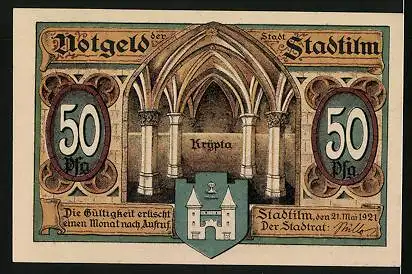 Notgeld Stadtilm 1921, 50 Pfennig, Eisenbahn-Viadukt, Krypta mit Wappen