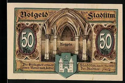 Notgeld Stadtilm 1921, 50 Pfennig, Krypta mit Wappen, Befestigungsturm der Stadtmauer