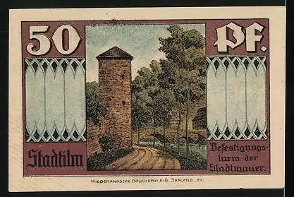 Notgeld Stadtilm 1921, 50 Pfennig, Krypta mit Wappen, Befestigungsturm der Stadtmauer