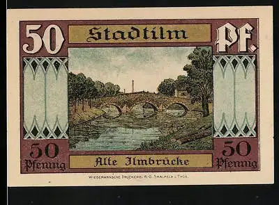 Notgeld Stadtilm 1921, 50 Pfennig, Alte Ilmbrücke, Krypta mit Wappen