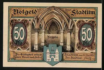 Notgeld Stadtilm 1921, 50 Pfennig, Alte Ilmbrücke, Krypta mit Wappen