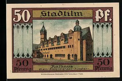 Notgeld Stadtilm 1921, 50 Pfennig, Rathaus ehem. Zisterzienser-Kloster, Krypta mit Wappen