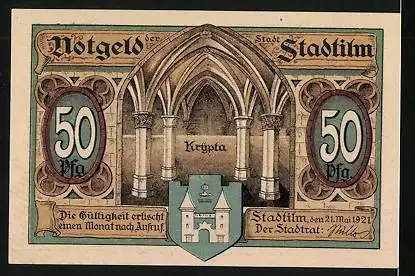 Notgeld Stadtilm 1921, 50 Pfennig, Rathaus ehem. Zisterzienser-Kloster, Krypta mit Wappen