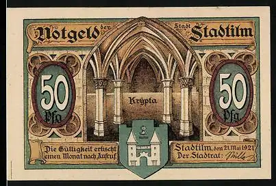 Notgeld Stadtilm 1921, 50 Pfennig, Krypta mit Wappen, Stadtkirche