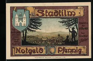 Notgeld Stadtilm 1921, 10 Pfennig, Ortsansicht mit Wappen, Drei Arbeiter