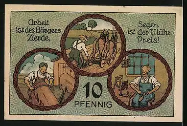 Notgeld Stadtilm 1921, 10 Pfennig, Ortsansicht mit Wappen, Drei Arbeiter