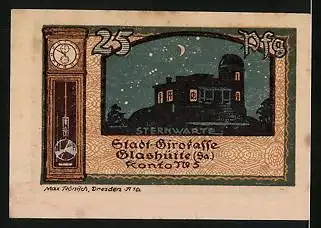 Notgeld Glashütte in Sa. 1921, 25 Pfennig, Wappen und Sternwarte