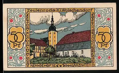 Notgeld Zeulenroda 1921, 50 Pfennig, Kirche und Wappen