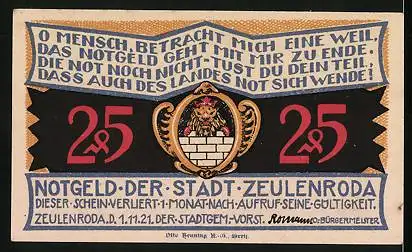 Notgeld Zeulenroda 1921, 25 Pfennig, Strasse an der Kirche, Wappen