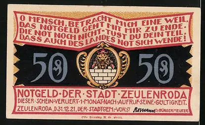 Notgeld Zeulenroda 1921, 50 Pfennig, Haus in Pahren, Wappen